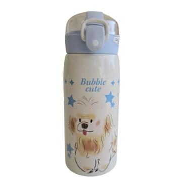 Imagem de Garrafa Térmica Garrafinha Térmica Infantil Inox Canudo Trava 350 ml - Desenho dinossauro Coelho Carneiro Panda - TYDA (CACHORRO AZUL)