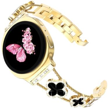 Imagem de Pulseira feminina de trevo de quatro folhas para Galaxy Watch 8/Watch 8 Classic de 40 mm/44 mm, diamante brilhante brilhante, pulseira luxuosa para Sansung Galaxy Watch 8/8 Classic, dourada/preta
