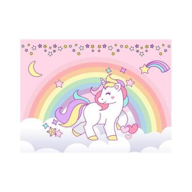 Imagem de Painel de Tecido Sublimado Unicórnio Fundo Rosa Arco Íris E Nuvens - F