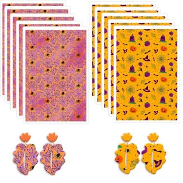 Imagem de 10 peças de papel de transferência de argila de polímero de Halloween, teia de aranha de Halloween, chapéus de abóbora, mãos, 2 tipos de folha de transferência solúvel em água para brincos de argila