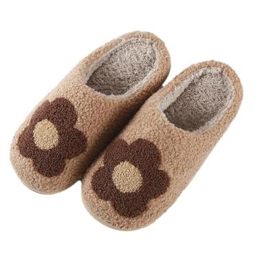 Imagem de Tellrain Pantufas de flores femininas fofas de pelúcia felpudas de algodão com estampa de espuma viscoelástica, para inverno, quente, macio, para quarto, Flor - café, 7.5-8 Women/5.5-6.5 Men