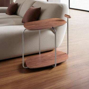 Imagem de Mesa para Sala de Estar Lateral Pilar Lamina Nogueira/Metálico Prata