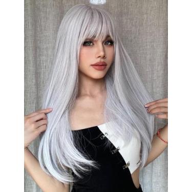 Imagem de Peruca ENTRANCED STYLES branca longa reta com franja de 55 cm