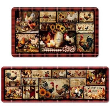 Imagem de Riletese Conjunto de 2 tapetes de cozinha de fazenda, galo de fazenda, girassol, tapete antiderrapante, tapete de cozinha lavável para piso de pia, decorações de cozinha doméstica - 40 x 70 e 40 x 119