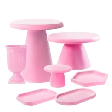 Imagem de Kit Decorativo para Mesa Posta – Boleiras Slim, Vaso Grego, Mini Peças e Bandeja Oval (Rosa bb)