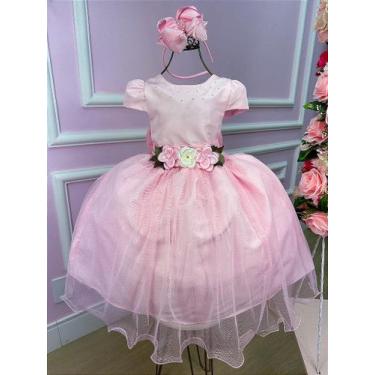 Imagem de Vestido Infantil Daminha Midi Flores Rosa Bebê - Elegante e Confortáve