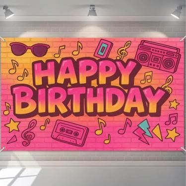 Imagem de HOMETITUTE Banner retrô de feliz aniversário colorido gradiente parede de tijolos com fitas cassete, óculos de sol, notas musicais, estrelas, relâmpago, boombox, hip hop, grafite, aniversário, banner