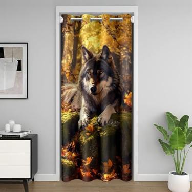 Imagem de Cortina de porta de lobo da selva para meninos meninas 3D Fierce Wildlife Cortina de entrada 132 cm L x 203 cm C outono outono folhas de bordo cortina de armário selvagem Safari animal cortina de
