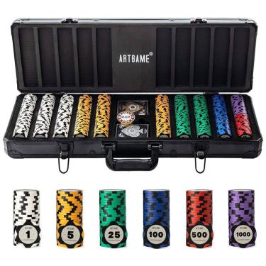 Imagem de Maleta de Poker em Alumínio com 500 Fichas Numeradas para Texas Holdem 14g, Artgame, Preta
