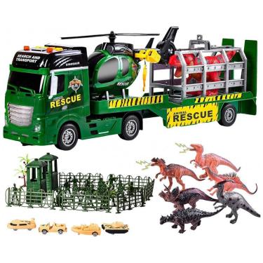 Imagem de Conjunto de Brinquedos de Veículos de Dinossauros com 103 Peças ZHFUYS, Caminhão Grande de 65 cm com Dinossauros, Helicóptero, Soldado,