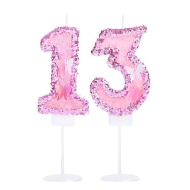 Imagem de Kinsynko Número 13 vela de lantejoulas rosa 13 velas de aniversário para princesas meninas 13º aniversário tema borboleta decorações de festa topo de bolo