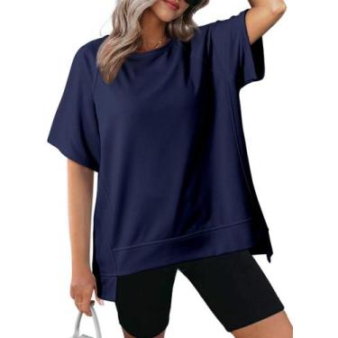 Imagem de Camiseta feminina Dokotoo de algodão folgada, bainha alta e baixa, azu