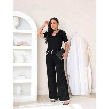 Imagem de Conjunto feminino calça pantalona manga curta gola marinheiro tricot m