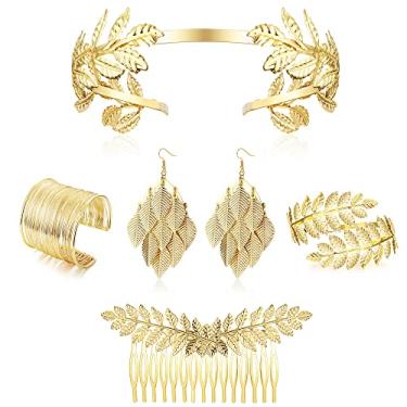 Imagem de Conjunto de 5 conjuntos de acessórios de fantasia de deusa grega, faixa de cabeça, pulseira, brincos artificiais, folhas douradas, pente de cabelo de noiva para mulheres, festa de casamento