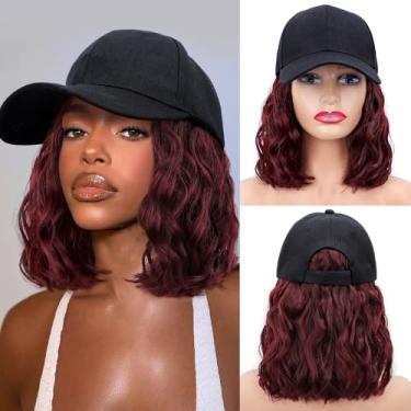 Imagem de CHRSHN Peruca para mulheres, touca de beisebol de ondas curtas com extensões de cabelo encaracolado, peruca sintética ondulada, chapéu de beisebol vermelho ajustável
