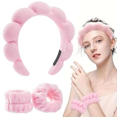 Imagem de Bandanas rosa para cuidados com a pele, faixa de cabeça de spa para maquiagem, lavagem de rosto, máscara, tratamento de pele