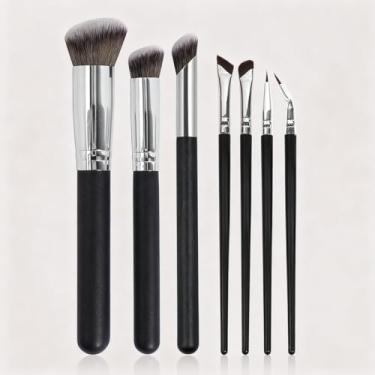 Imagem de Conjunto de pincéis de maquiagem facial de 7 peças para aplicar base, blush, sombra, cor dos lábios e contorno, adequado para viagens (preto)
