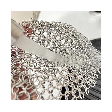 Imagem de Limpador de ferro fundido 17,78 cm x 17,8 cm aço inoxidável 316L esfregão de malha para panela de ferro fundido pré-temperada fornos holandeses panelas de ferro waffle (18 cm redondas)