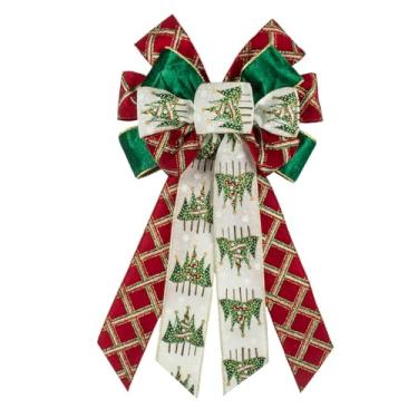 Imagem de On-Airstore Grande arco de guirlanda de Natal arco de árvore de Natal para grinaldas, laço de fita xadrez vermelho branco e verde com glitter, laços de decoração de Natal para decoração interna e