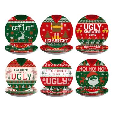 Imagem de 60 peças de pratos de papel de Natal de 23 cm, descartáveis, pesados, suéter feio de Natal, sobremesa, pratos de papel, suéter pegajoso, conjunto de utensílios de mesa de festa para feliz Natal