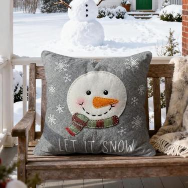 Imagem de Capa de almofada de inverno 45,7 x 45,7 cm - Capa de almofada decorativa de inverno com boneco de neve estampado com lenço xadrez, flocos de neve em fundo cinza para sofá, decoração de casa