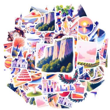 Imagem de 50 peças de adesivos de desenho animado de arquitetura de férias sazonais cultura de viagem brinquedos adesivos de grafite festivo para laptop, motocicleta, bagagem, telefone, faça você mesmo
