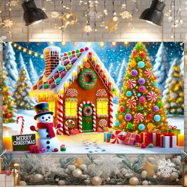 Imagem de HOMETITUTE Faixa de Natal para casa de gengibre, 188 x 109 cm, cenário de árvore de terra doce, fundo do país das maravilhas de inverno, decoração de festa de fim de ano, boneco de neve, adereço de