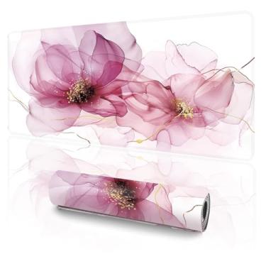 Imagem de Tapete de mesa floral rosa GG (90 x 40 cm), lindo mouse pad grande para jogos com bordas costuradas, teclado à prova d'água para mulheres, elegante decoração de escritório de arte fluida