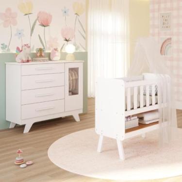 Imagem de Quarto de Bebê Completo Mini Berço 3 em 1 Cômoda 1 Portas 4 Gavetas Retro 100% MDF