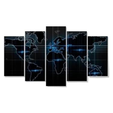 Imagem de Kit quadro decorativo 5 peças 95x60cm mapa mundi luzes brilhando