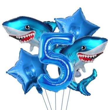 Imagem de Shark 5th Birthday Balloons Decoration,Ocean Marine Animals Shark Balloons for Kids Baby Shower Sea Animal Theme Birthday Party (5th Birthday)