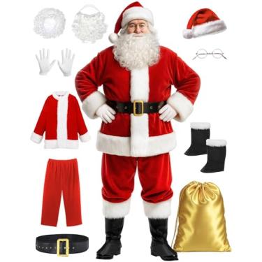 Imagem de Kofero Fantasia de Papai Noel para homens, terno de Papai Noel, adulto, 11 peças, plus size, veludo de luxo, Papai Noel, roupa de Natal, festa de fim de ano, Vermelho, 3G