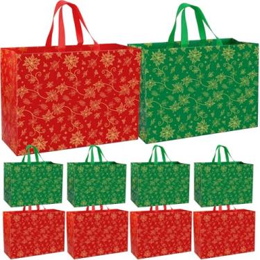 Imagem de Gilprop 12 sacos grandes de presente de Natal a granel 17,9 x 12,6 x 12,6 polegadas reutilizável não tecido verde e vermelho e dourado poinsétia sacola de Natal com alças para embrulho de presente de