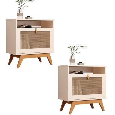 Imagem de Kit 2 Mesa De Cabeceira Camu-camu New E Pés Madeira Maciça Off White