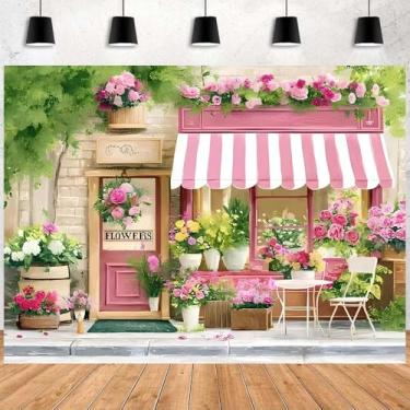 Imagem de Pano de fundo fotográfico de flores de primavera coloful vintage, parede de tijolos brancos com fundo de loja floral rosa para chá de bebê, festa de aniversário infantil, fundo fotográfico (C, 2,1 x