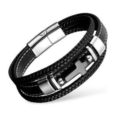 Imagem de VANFORWYN Pulseira de cruz masculina de couro trançado cristão pulseira religiosa de aço inoxidável, presente de fé, Medium, Couro, Sem Pedra Preciosa