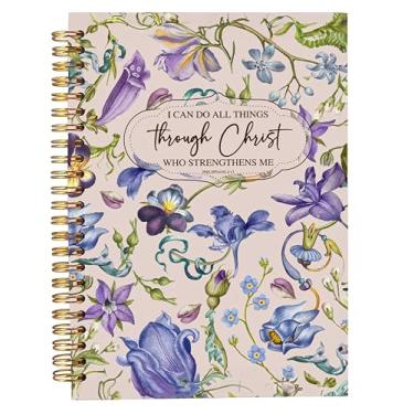 Imagem de Welshower Caderno espiral cristão botânico floral azul e roxo, I Can Do All Things Through Christ Versículo da Bíblia, diários de oração religiosa para mulheres, 14 x 21 cm