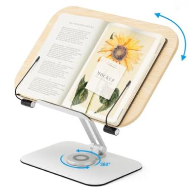 Imagem de Suporte de leitura ergonômico ajustável, dobrável com clipes de página, suporte confiável de liga de alumínio para livros didáticos, folha de música, tablet, receita, livro de culinária e altura e