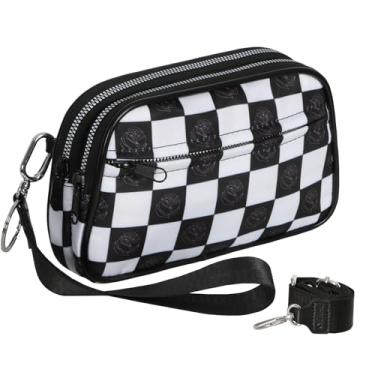 Imagem de KZBHHP Pochetes fofas para mulheres, pequena bolsa transversal quadriculada com alça presentes para aniversário, Natal, Preto e branco