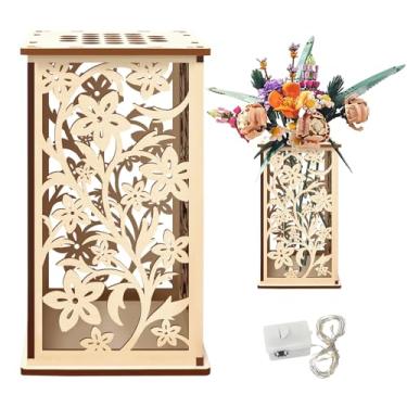 Imagem de KOYILTD Vaso de madeira para flores Lego com estampa de flor vazada, inclui cordão de luzes LED USB, suporte de exibição artística e peça central decorativa, presente para amantes de flores e fãs de
