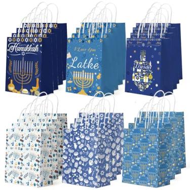 Imagem de Lednica Sacos de presente para festas de Hanukkah – 24 peças de sacos de papel a granel com alças, designs de menorá e Dreidel para crianças, amigos e convidados – Ideal para Hanukkah, chá de bebê