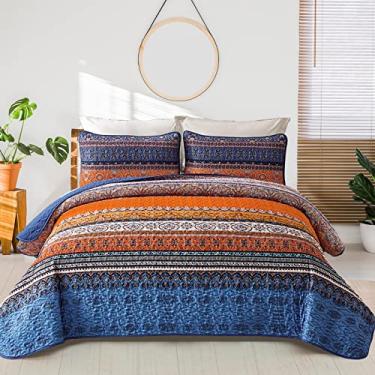 Imagem de WONGS BEDDING Conjunto de edredom boêmio queen boêmio azul e laranja, colcha de microfibra leve para todas as estações, 244 x 228 cm (3 peças)