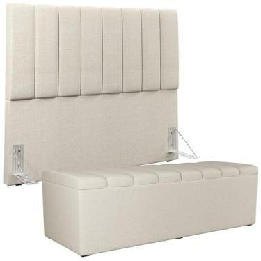 Imagem de Kit Cabeceira Cama Box Casal 140cm E Calçadeira Recamier Baú Dália W01 Linho Champagne - Lyam Decor