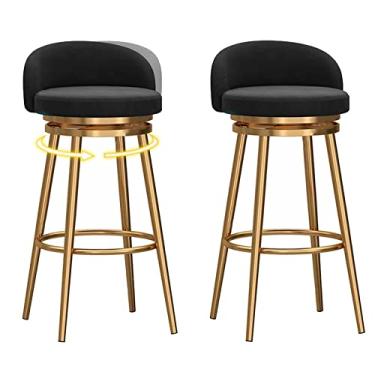 Imagem de Conjunto de 2 banquetas de bar para cadeiras domésticas para balcão de café da manhã, barra giratória de 360°, cadeira alta redonda de veludo estofada com apoio para os pés e encosto para bares,