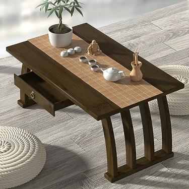 Imagem de Mesa de centro portátil com gavetas, mesa central de bambu, mesas de madeira para sofá e console, mesa de chão de mesa baixa, mesa de chá retrô japonesa Tatami para café da manhã, bandeja de servir
