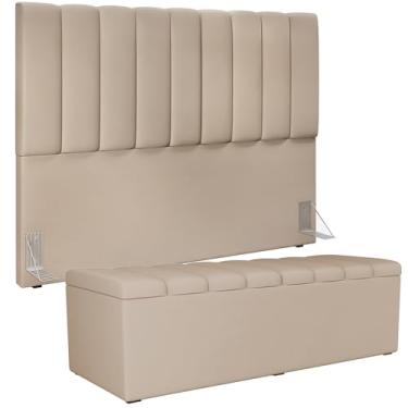 Imagem de Kit Cabeceira Cama Box Queen 160cm Com Calçadeira Baú Dália W01 Suede Bege - Lyam Decor