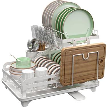 Imagem de BSNANCA Escorredor de louça dobrável, escorredor de pratos de 2 camadas para balcão de cozinha, coadores de pratos grandes resistentes à ferrugem com suporte de utensílios e conjunto de drenagem, B (A