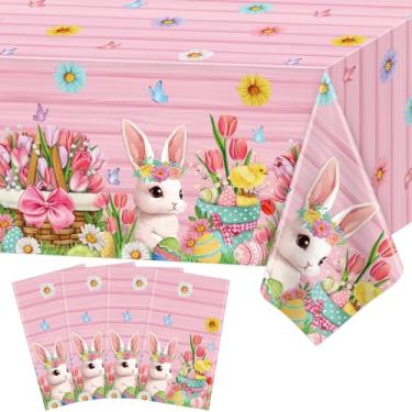 Imagem de LWYGEGJO 4 peças de toalha de mesa de Páscoa, coelhinho da Páscoa, ovos, toalha de mesa de plástico para casa, cozinha, sala de jantar, decoração de festa