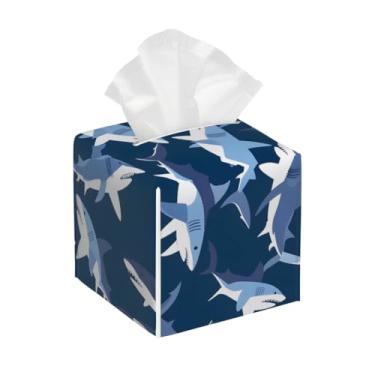 Imagem de Porta-lenços de papel quadrado de couro à prova d'água animal tubarão azul bonito organizador de papel facial com cinto inferior cubo estojo de lenços para mesa, banheiro, escritório, mesa, carro
