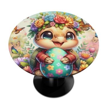 Imagem de hongjinglin Toalha de mesa redonda com borda elástica de Páscoa, toalha de mesa redonda limpável para ambientes internos e externos, pátio, jantar, cozinha, festival, decoração para mesas de 101 a 111